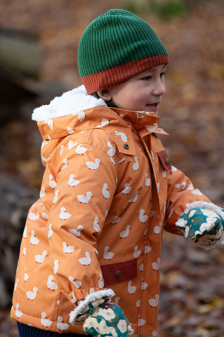 Child wearing Little Green Radicals Waterproof Winter Coat in Gold Ducks to represent new Little Green Radicals Outerwear, coats and waterproofs, at Babipur.