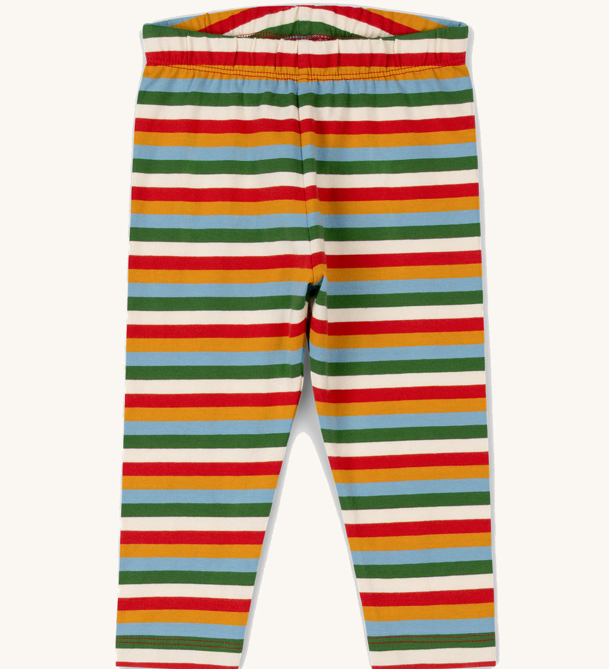 Little Green Radicals kids striped rainbow leggings, made from Fairtrade and GOTS organic cotton, for sale at Babipur.