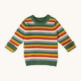 Little Green Radicals rainbow waffle snuggly knitted jumper available at Babipur. A GOTS organic cotton thick knitted jumper in a striped design.
