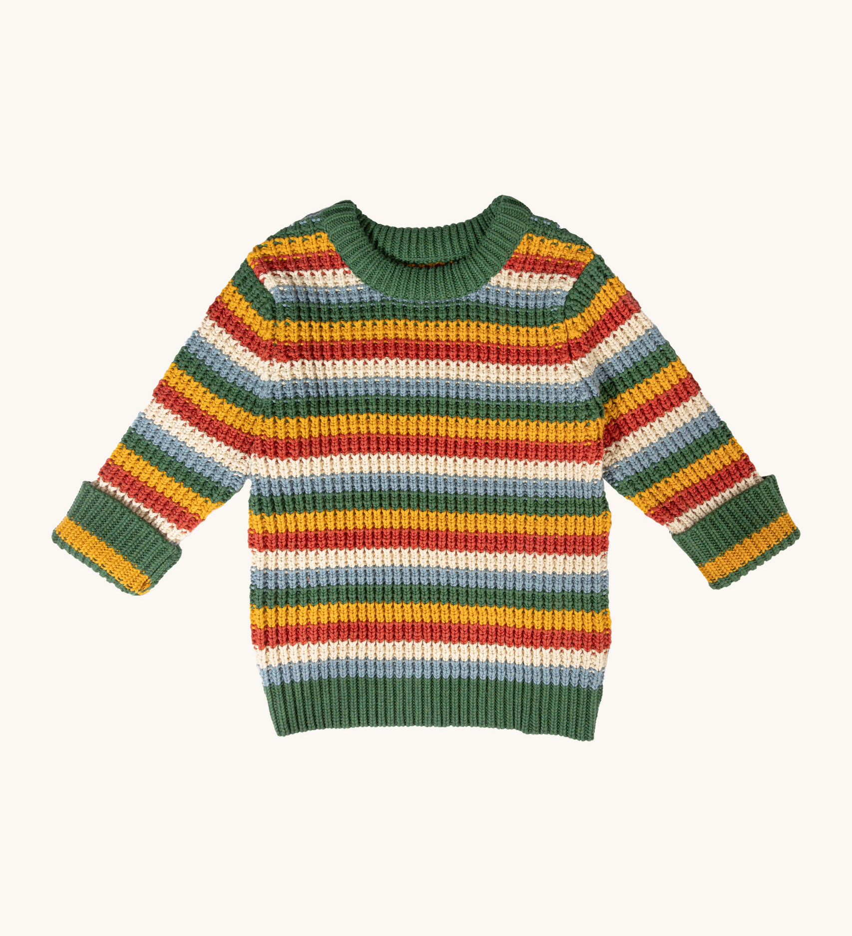 Little Green Radicals rainbow waffle snuggly knitted jumper available at Babipur. A GOTS organic cotton thick knitted jumper in a striped design.
