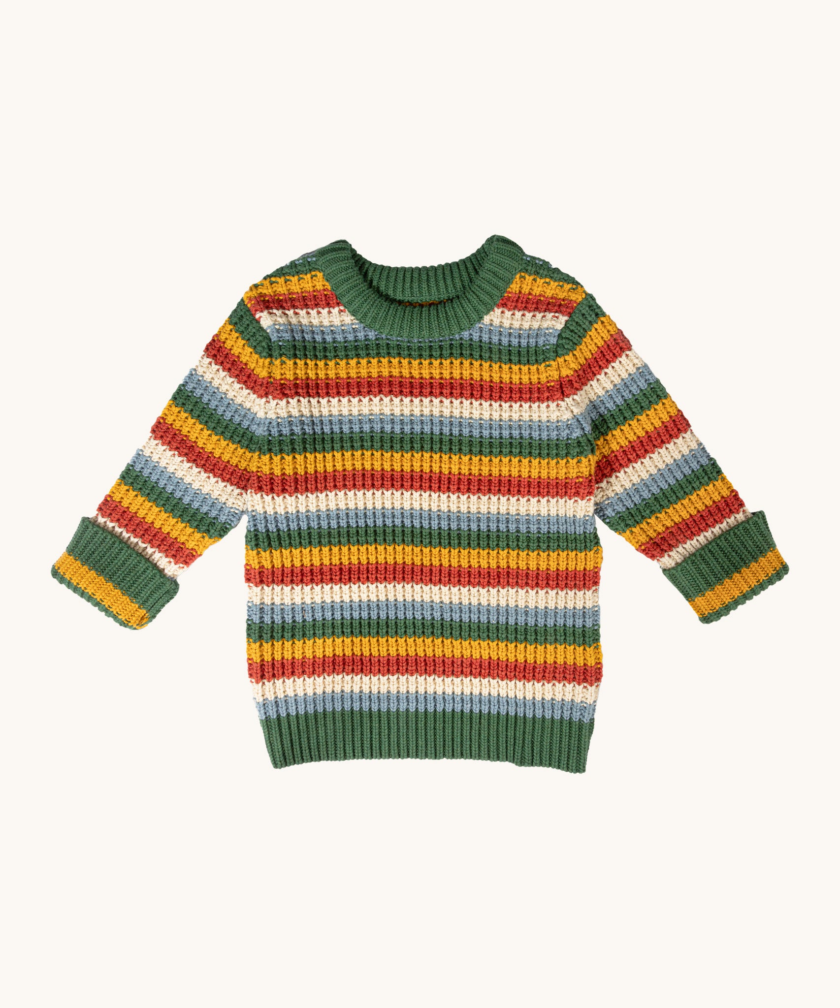Little Green Radicals rainbow waffle snuggly knitted jumper available at Babipur. A GOTS organic cotton thick knitted jumper in a striped design.
