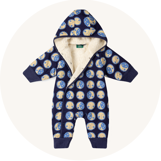 Little Green Radicals sherpa lined organic snowsuit in blue sun folk to represent Little Green Radicals dungarees at Babipur.
