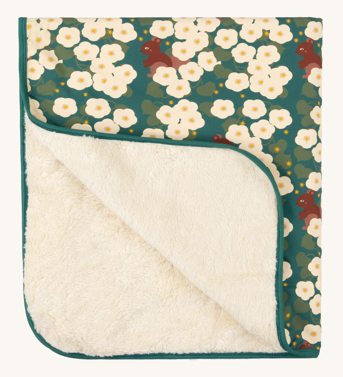 Little Green Radicals sherpa hooded baby blanket in a hedgerow design available at Babipur. A Organic cotton outer in dark green colour with a pretty floral design and a sherpa fleece inner