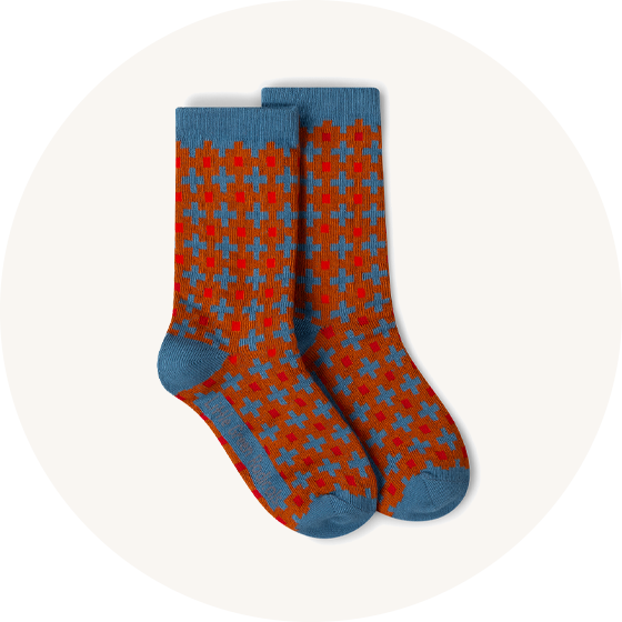 Little Green Radicals Organic Cotton socks in crimson and blue cross design to represent Little Green Radicals underwear at Babipur.