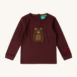Little Green Radicals teddy bear applique long sleeve t shirt available at Babipur. A GOTS organic cotton long sleeve top in dark maroon with a cute brown bear appliqué on the front and apple on the arm 