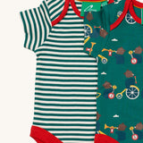 A close up of the A 2 pack of Little Green Radicals The Bear Jamboree Baby Body Set available at Babipur showing the red trim detail on both vests.