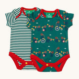 A 2 pack of Little Green Radicals The Bear Jamboree Baby Body Set. One vest has a green and white stripe with the other vest featuring an all over  print of bears playing instruments. These short sleeved baby best are part of a wide range of organic cotton baby clothes available at Babipur. 