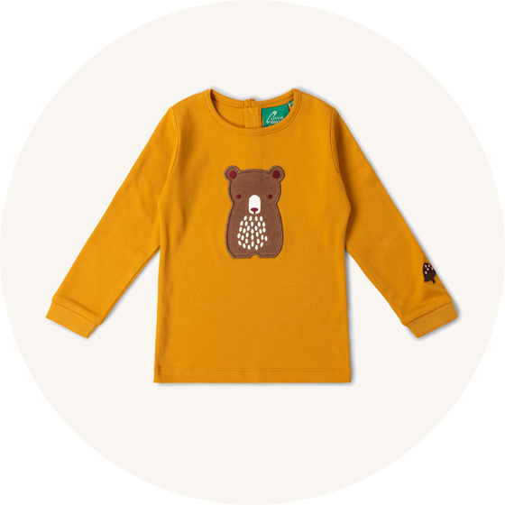 Little Green Radicals organic cotton yellow long sleeve top with bear applique to represent Little Green Radicals tops at Babipur.
