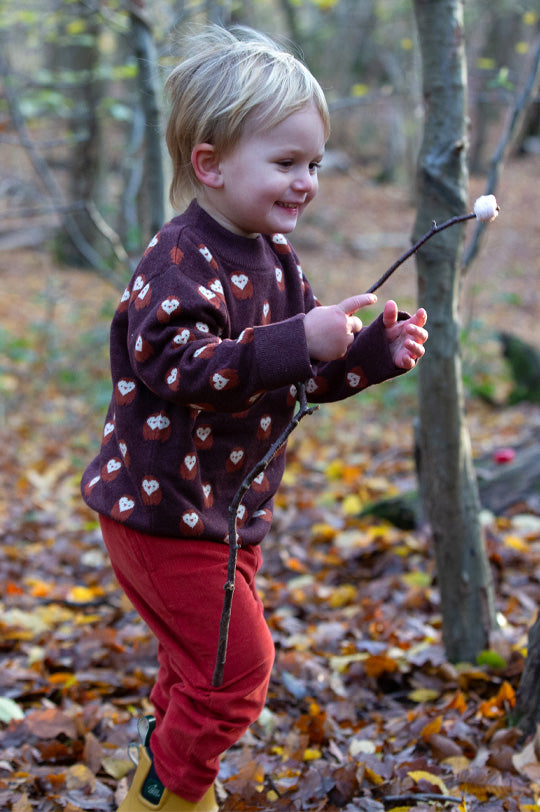 Child in a forest wearing Little Green Radicals Organic Cotton knitted brown owl jumper and red cord trousers to represent Little Green Radicals kids and baby clothing at Babipur.