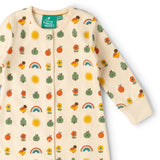 Popper closure on the Little Green Radicals vintage style cream rainbows organic cotton babygrow. Repeat print featuring nature themed illustrations.