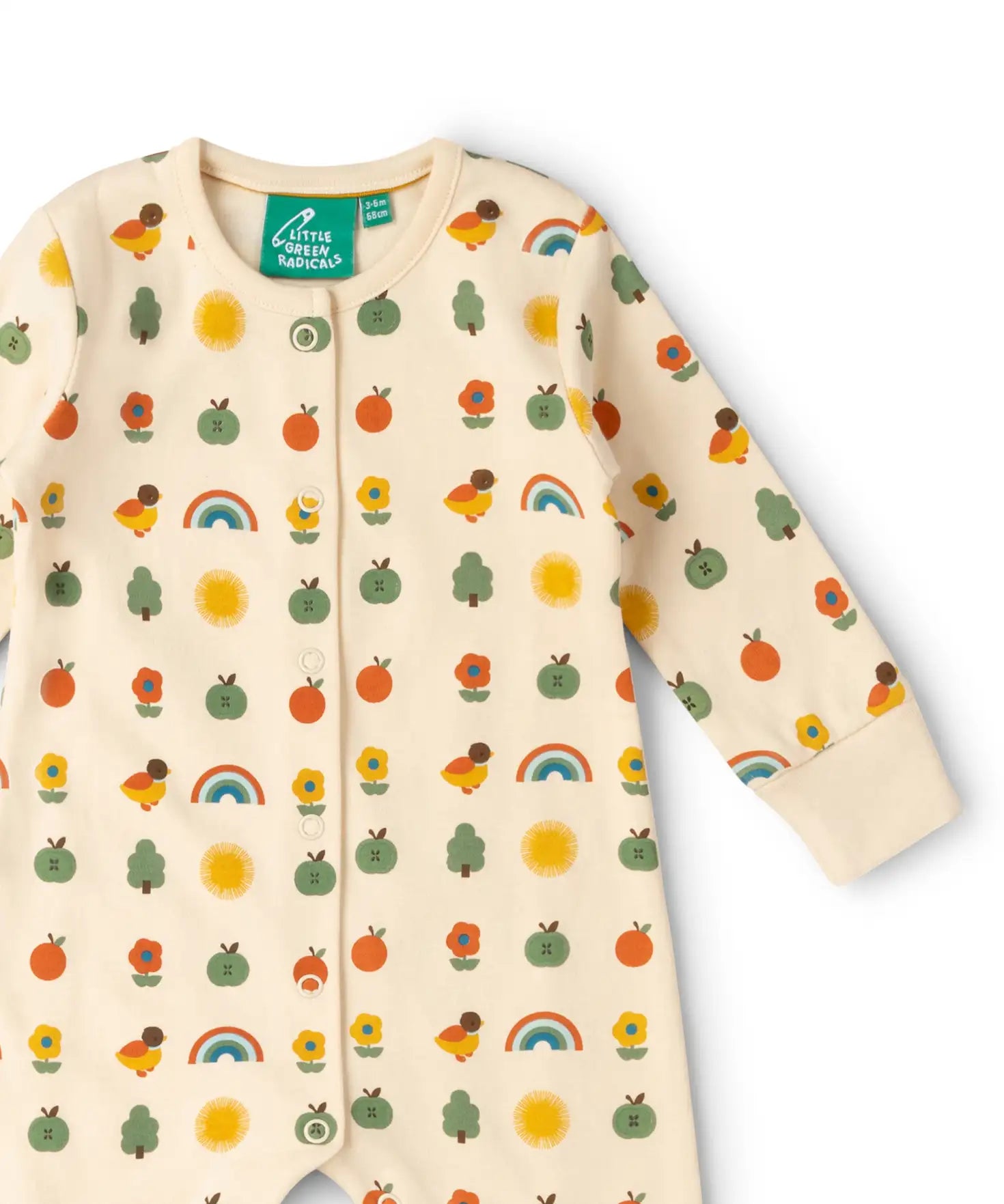 Popper closure on the Little Green Radicals vintage style cream rainbows organic cotton babygrow. Repeat print featuring nature themed illustrations.