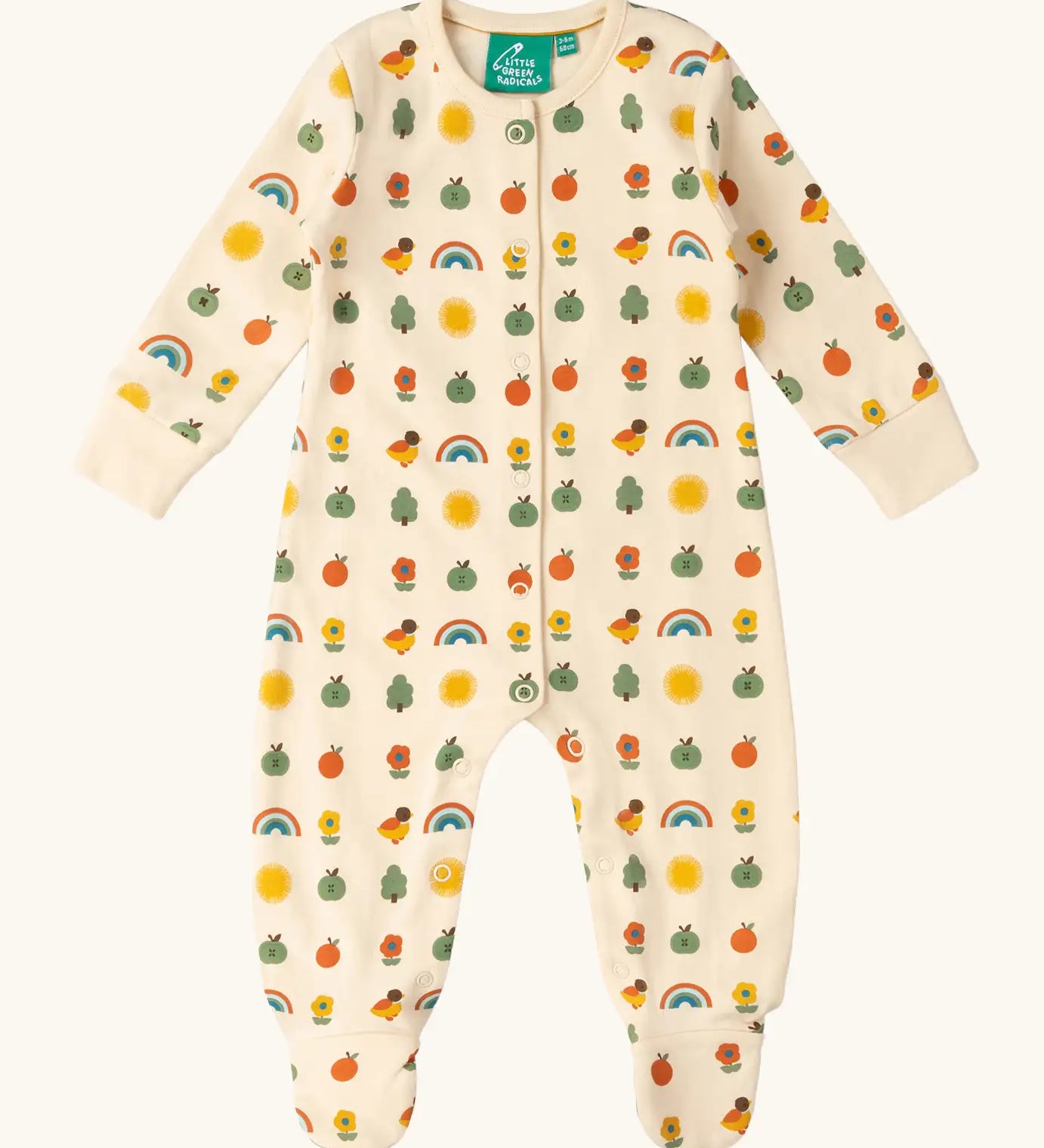 Little Green Radicals vintage style cream rainbows organic cotton babygrow. Repeat print featuring nature themed illustrations.