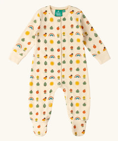 Little Green Radicals vintage style cream rainbows organic cotton babygrow. Repeat print featuring nature themed illustrations.