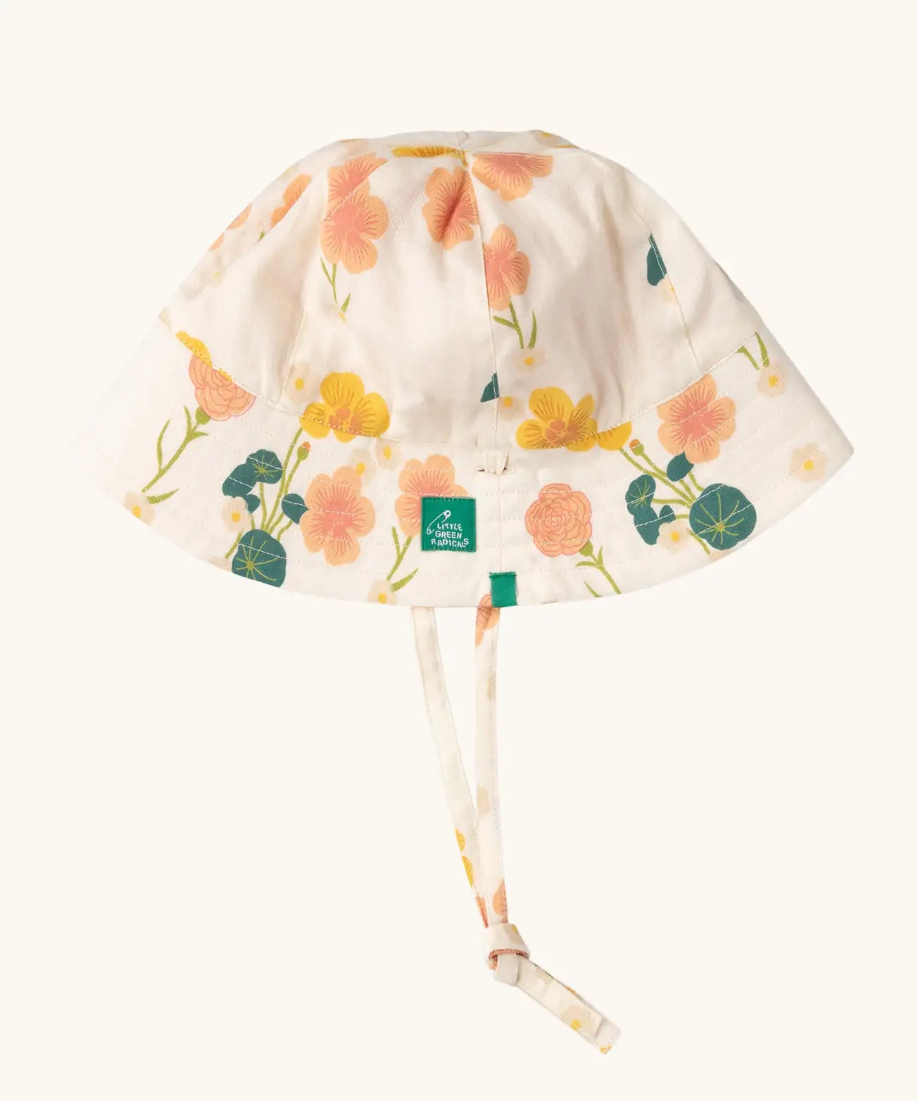 Little Green Radicals child's organic cotton reversible sunhat with a pink and yellow Flora print.
