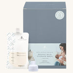 Lola & Lykke Milk Storage Bags + Adapter next to their box. These are a great accessory for the Lola & Lykke Smart Breast Pump. These milk bags are also great for milk storage