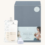 Lola & Lykke Milk Storage Bags + Adapter next to their box. These are a great accessory for the Lola & Lykke Smart Breast Pump. These milk bags are also great for milk storage