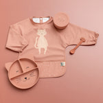 Trixie Animal Friends Waterproof Long Sleeve Bib, pink, Mrs Cat with matching divider plate. 
