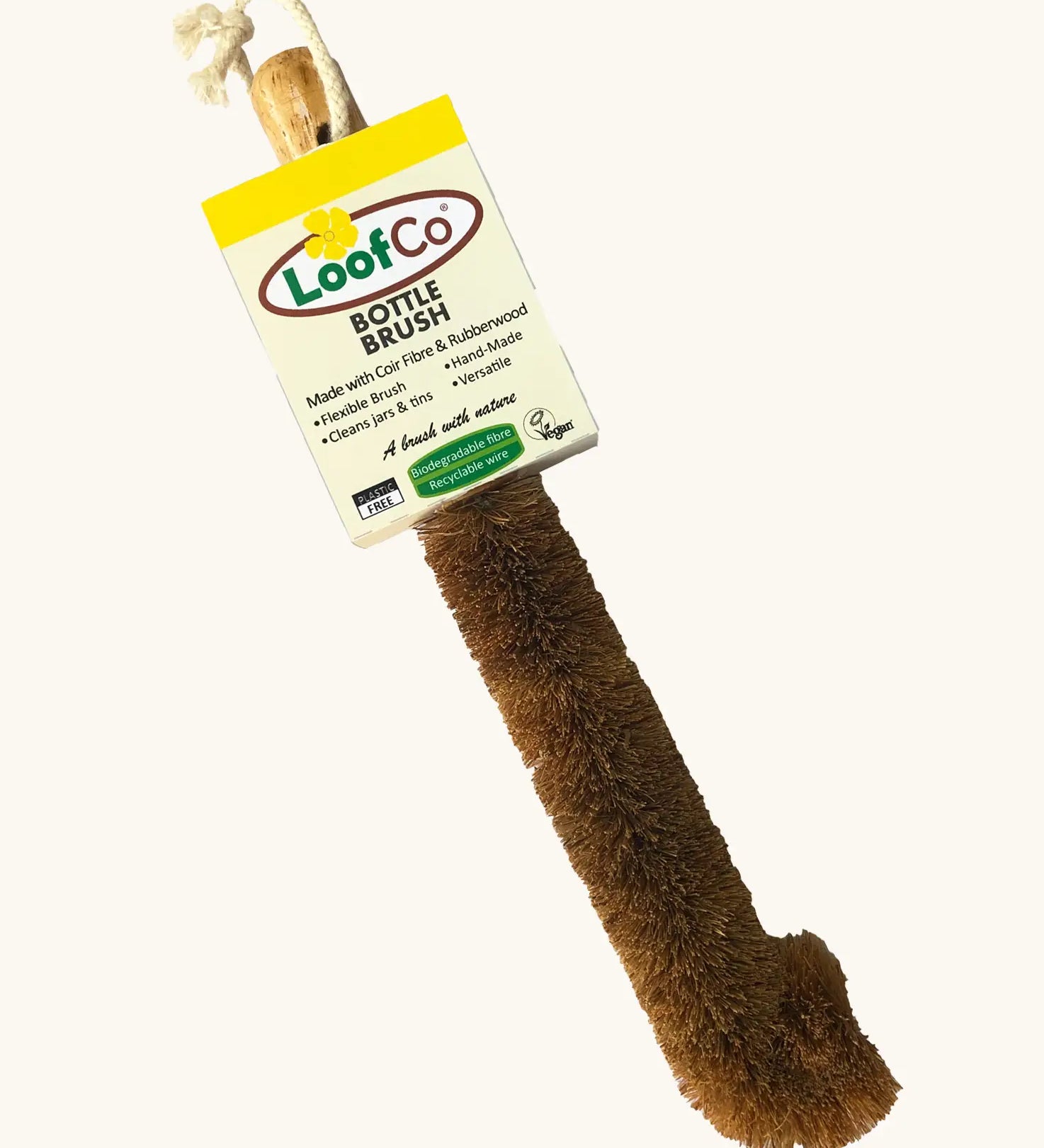 LoofCo bottle brush with coconut fibre bristles and a rubber wood handle