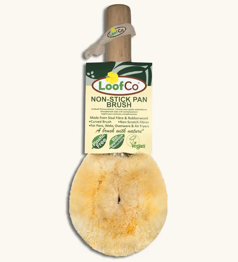 LoofCo non stick pan brush with sisal fibre bristles and a rubber wood handle