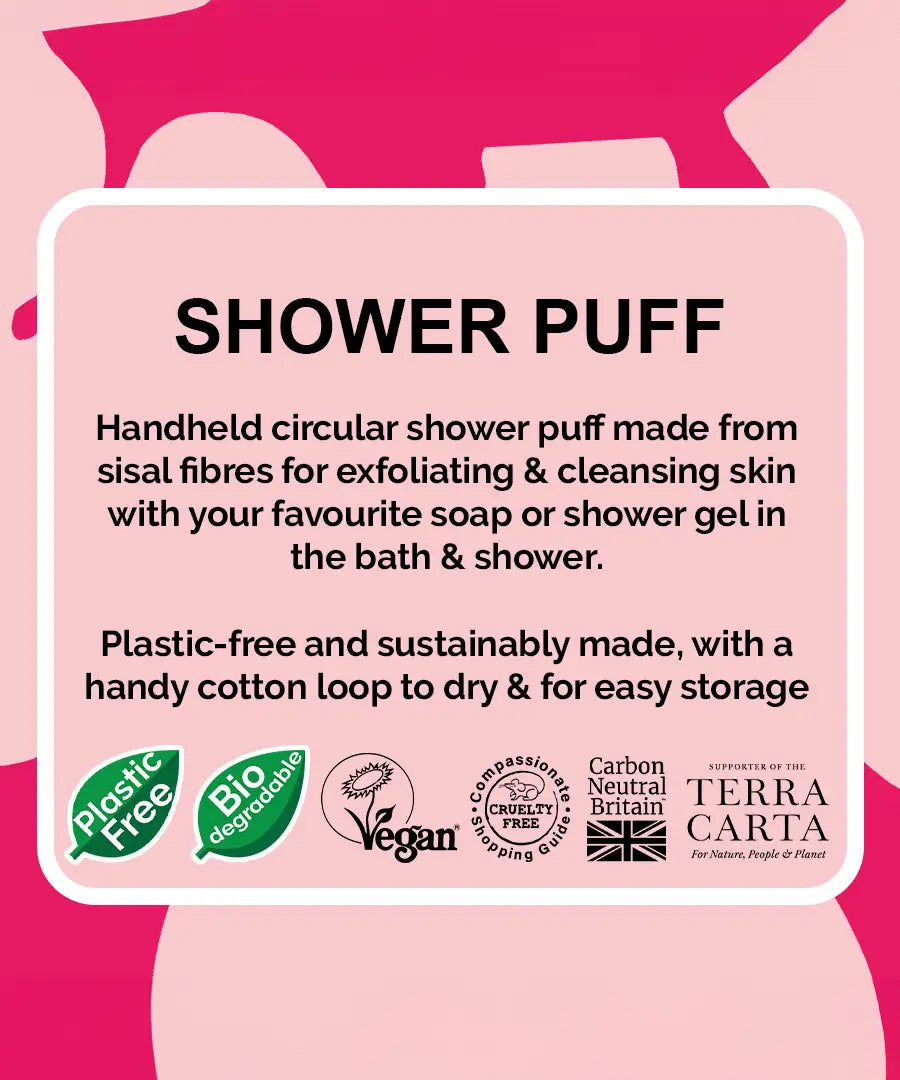 Infographic on the Loofco shower puff showing vegan and other key ethical info.