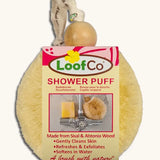LoofCo shower puff brush with sisal bristles and alstonia wood handle