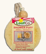 LoofCo shower puff brush with sisal bristles and alstonia wood handle