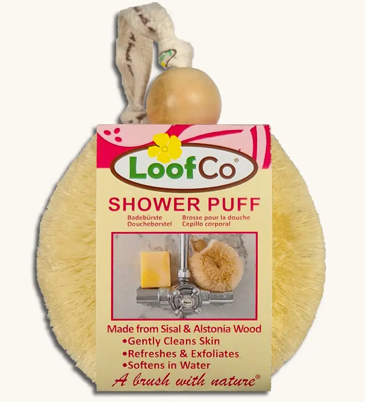 LoofCo shower puff brush with sisal bristles and alstonia wood handle