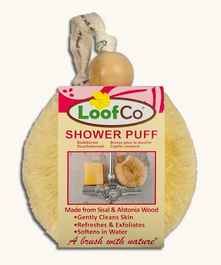 LoofCo shower puff brush with sisal bristles and alstonia wood handle