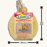 Infographic showing the measurements for the LoofCo sisal shower puff