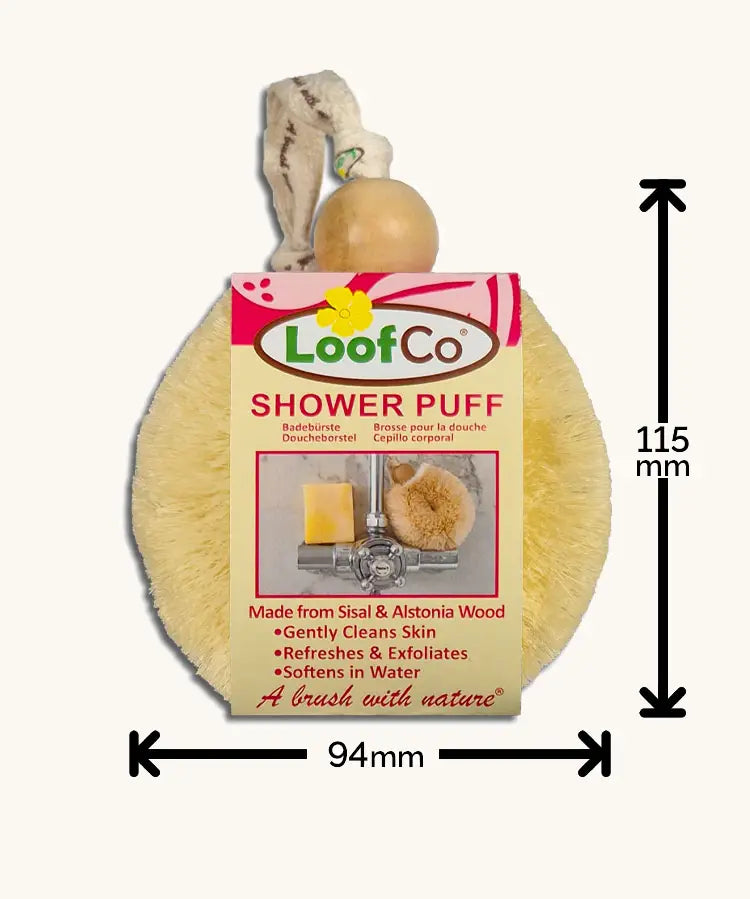 Infographic showing the measurements for the LoofCo sisal shower puff