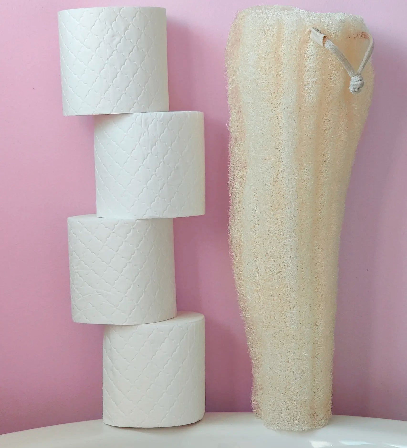 LoofCo whole loofah standing next to a stack of toilet paper showing scale