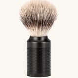 Muhle rocca stainless steel shaving brush in jet black with Silvertip synthethic microfibres 