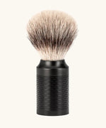 Muhle rocca stainless steel shaving brush in jet black with Silvertip synthethic microfibres 