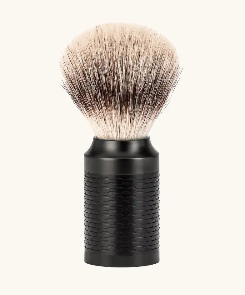 Muhle rocca stainless steel shaving brush in jet black with Silvertip synthethic microfibres 