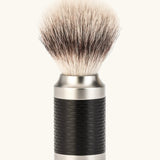 Muhle rocca stainless steel shaving brush in the black and silver with  Silvertip synthethic microfibres 