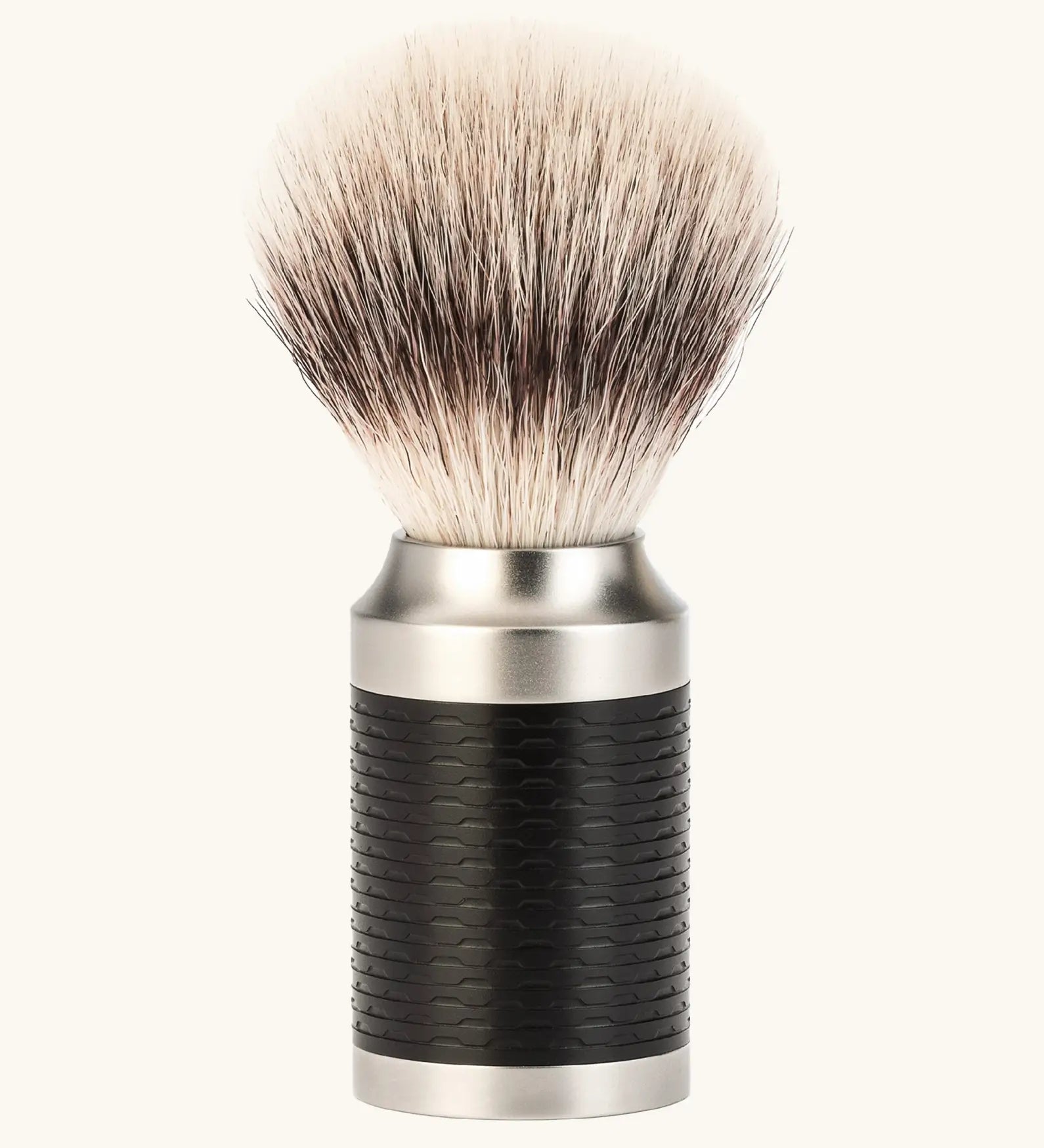 Muhle rocca stainless steel shaving brush in the black and silver with  Silvertip synthethic microfibres 
