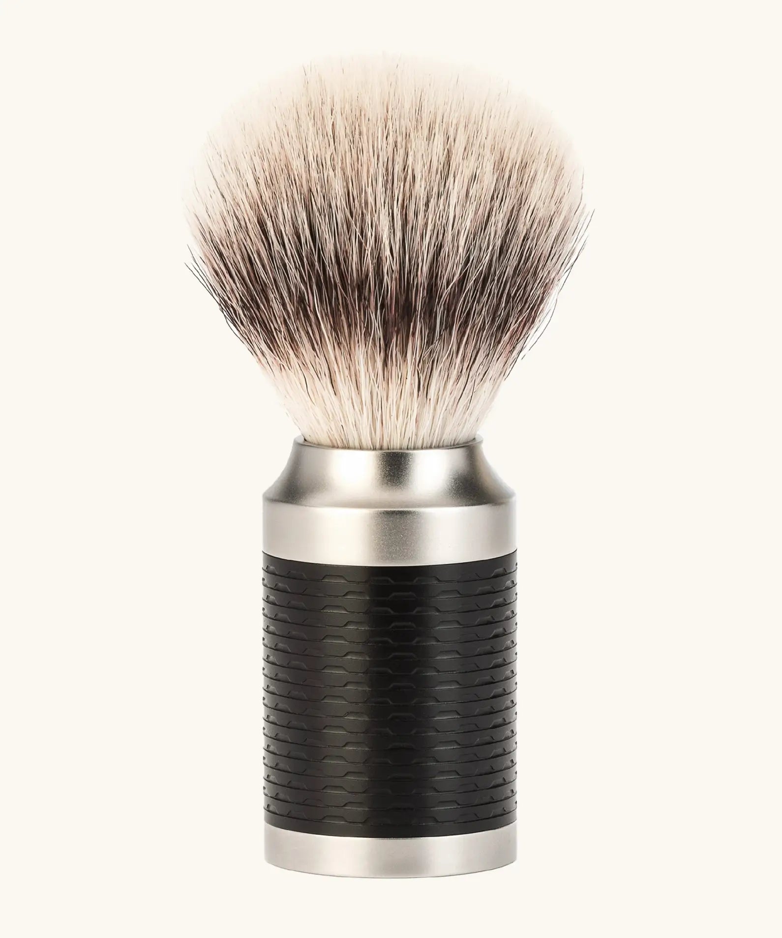 Muhle rocca stainless steel shaving brush in the black and silver with  Silvertip synthethic microfibres 