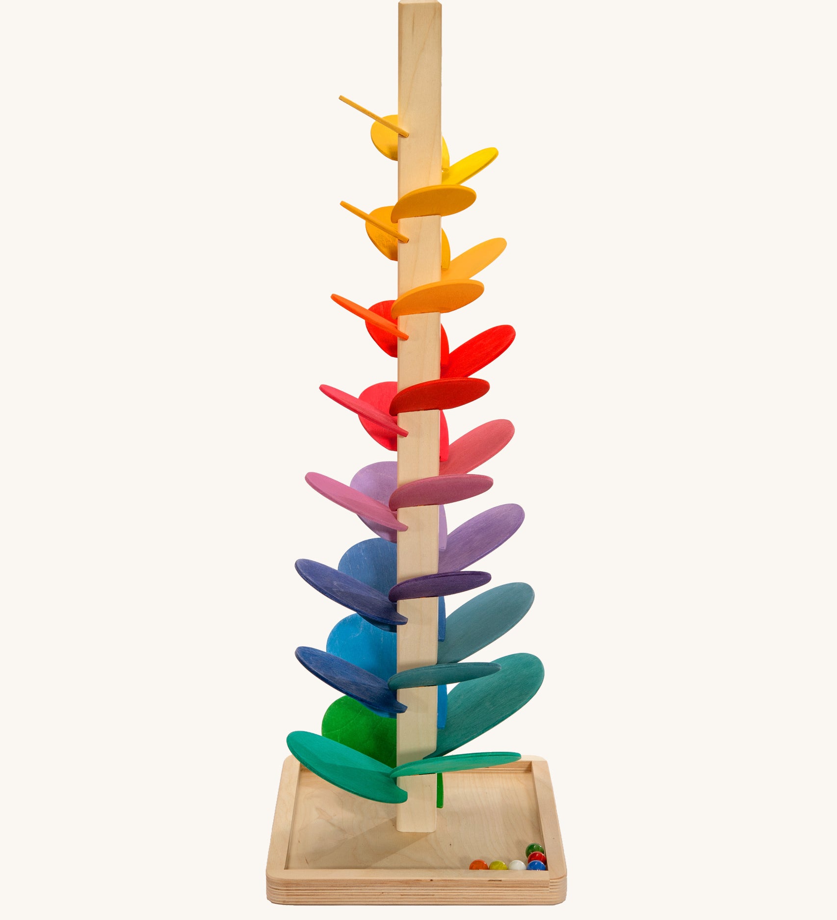 Magic Wood Large Marble Tree Toy measuring 72cm, a wooden tall stem with rainbow leaves and glass marbles to create satisfying sounds.