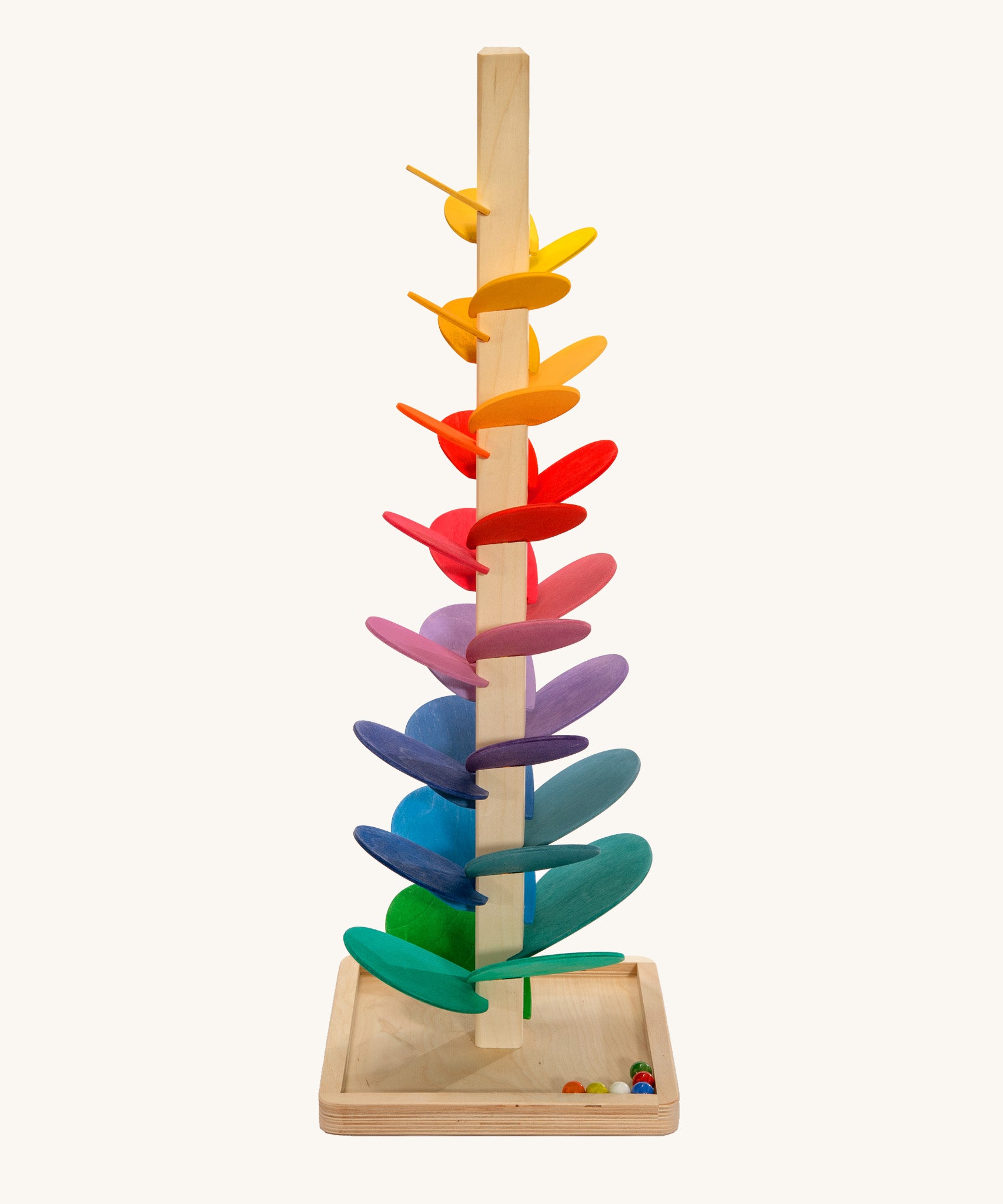 Magic Wood Large Marble Tree Toy measuring 72cm, a wooden tall stem with rainbow leaves and glass marbles to create satisfying sounds.