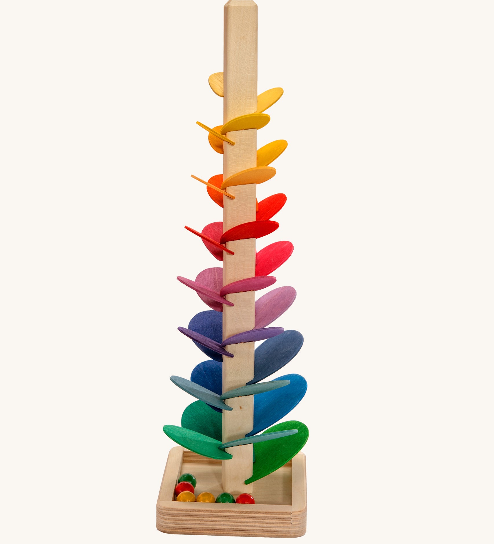 Magic Wood Mini Marble Tree Toy measuring 38cm, a wooden tall stem with rainbow leaves and glass marbles to create satisfying sounds. 