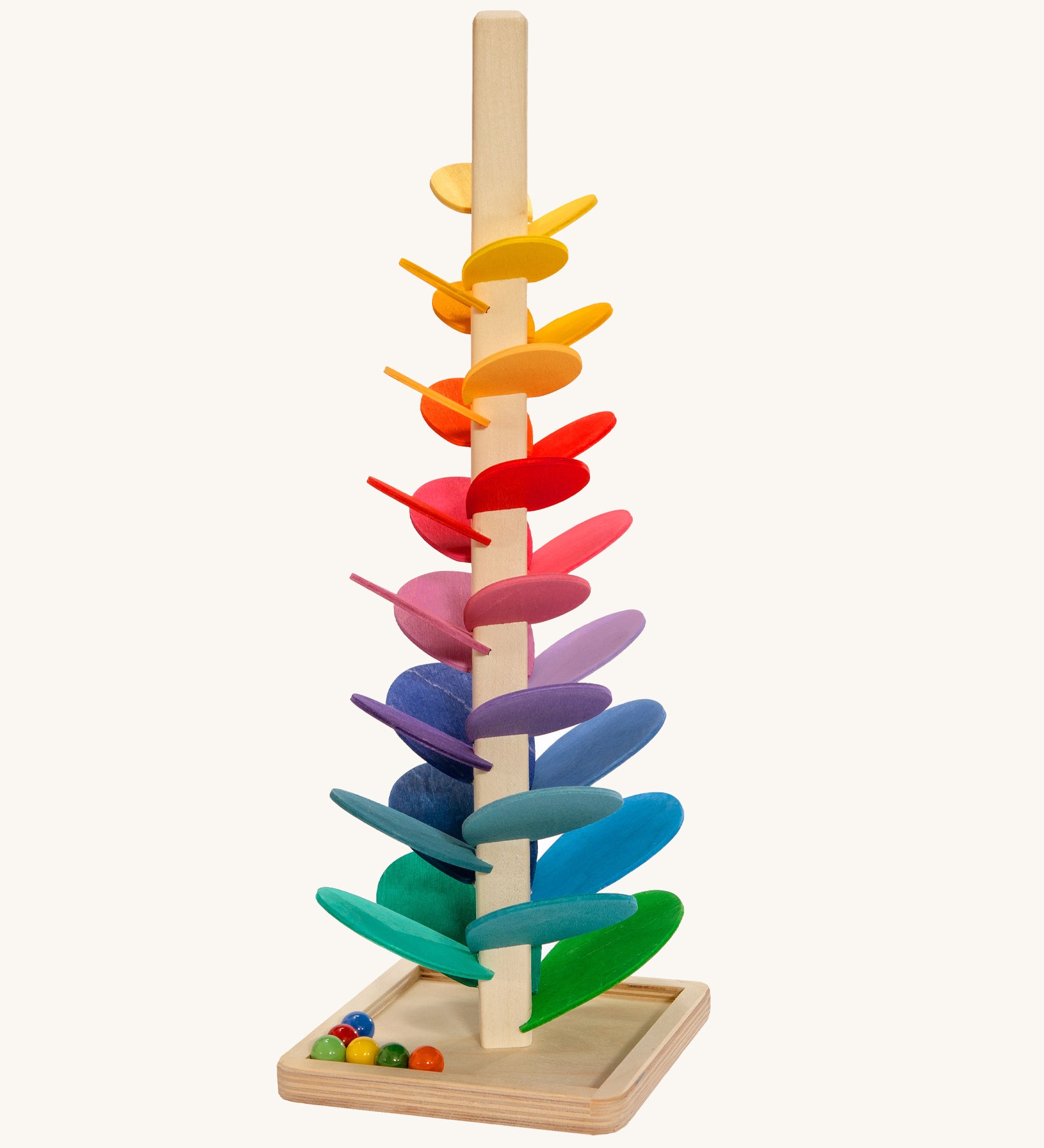 Magic Wood Small Marble Tree Toy measuring 48cm, a wooden tall stem with rainbow leaves and glass marbles to create satisfying sounds.