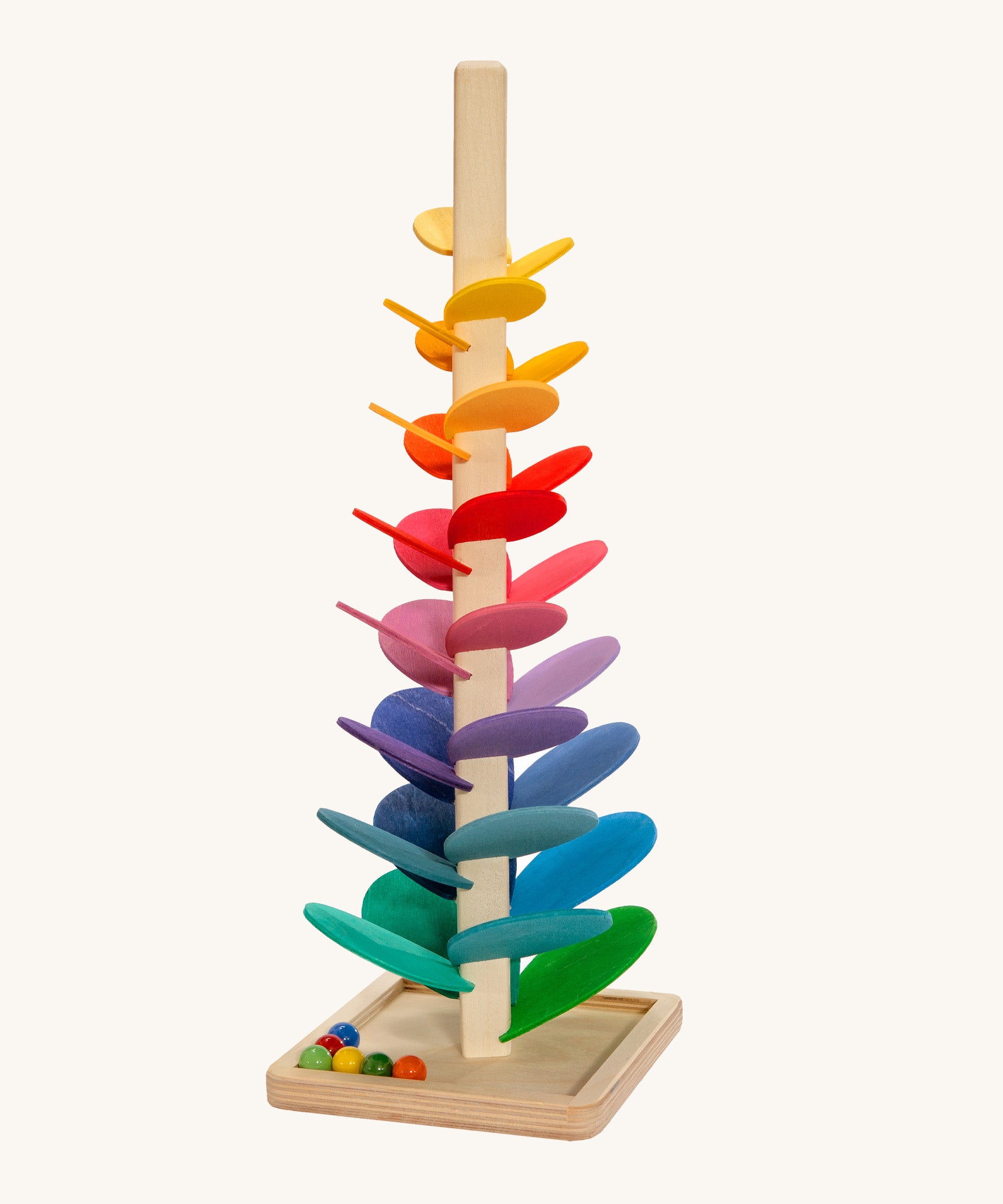 Magic Wood Small Marble Tree Toy measuring 48cm, a wooden tall stem with rainbow leaves and glass marbles to create satisfying sounds.
