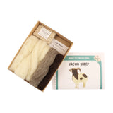 The contents of the The Makerss Jacob Sheep British Wool Needle Felt Kit, includes wool, felting needles, wool mats, and instruction booklet