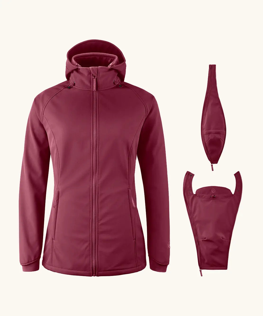 Mamalila soft shell baby wearing allrounder fitted jacket in burgundy next to the 2 inserts included with the jacket