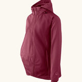Side of Mamalila soft shell baby wearing allrounder fitted jacket in burgundy. Showing additional panel on front