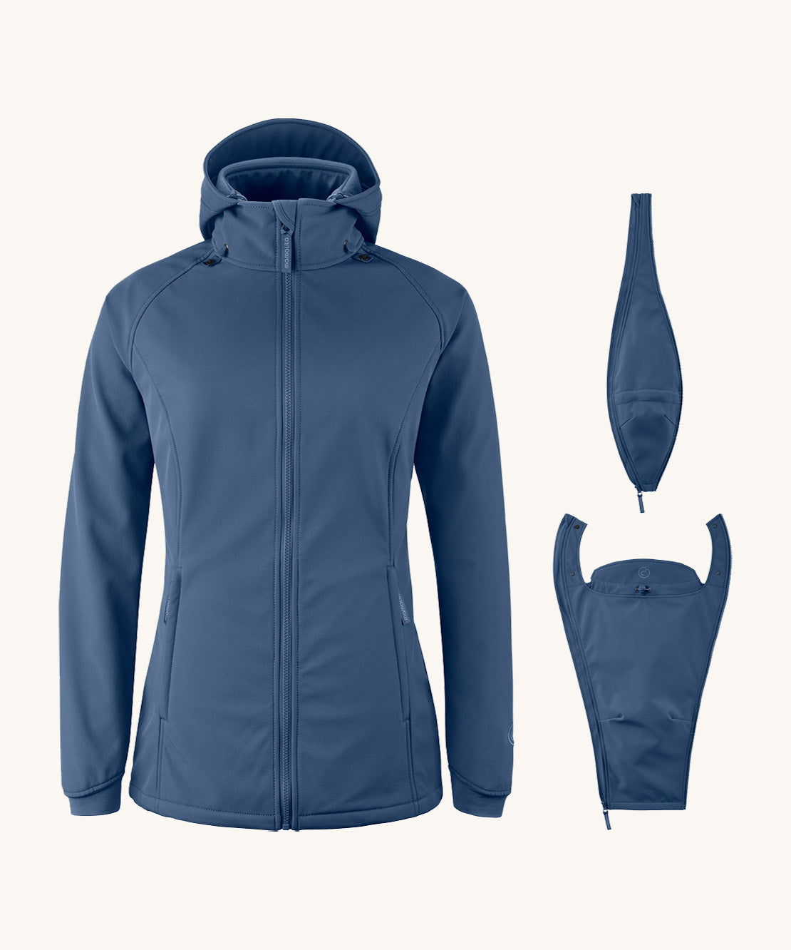 Mamalila soft shell baby wearing allrounder fitted jacket in navy available at Babipur next to the 2 inserts included with the jacket