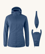 Mamalila soft shell baby wearing allrounder fitted jacket in navy available at Babipur next to the 2 inserts included with the jacket