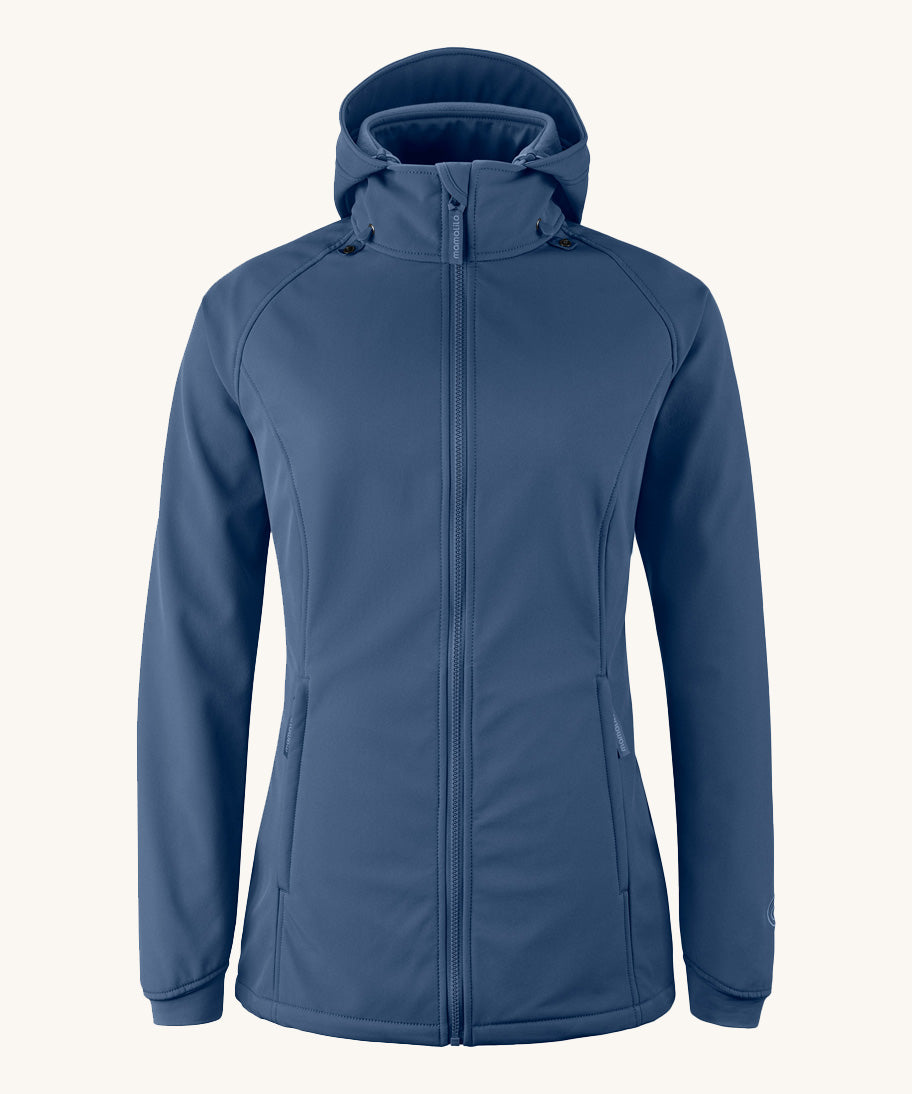 Mamalila soft shell baby wearing allrounder fitted jacket in navy available at Babipur. This jacket features a hood, full length zip and side pockets.