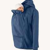 Mamalila soft shell baby wearing allrounder fitted jacket in navy available at Babipur with a baby doll demonstrating the forward sitting position with the protective hood down