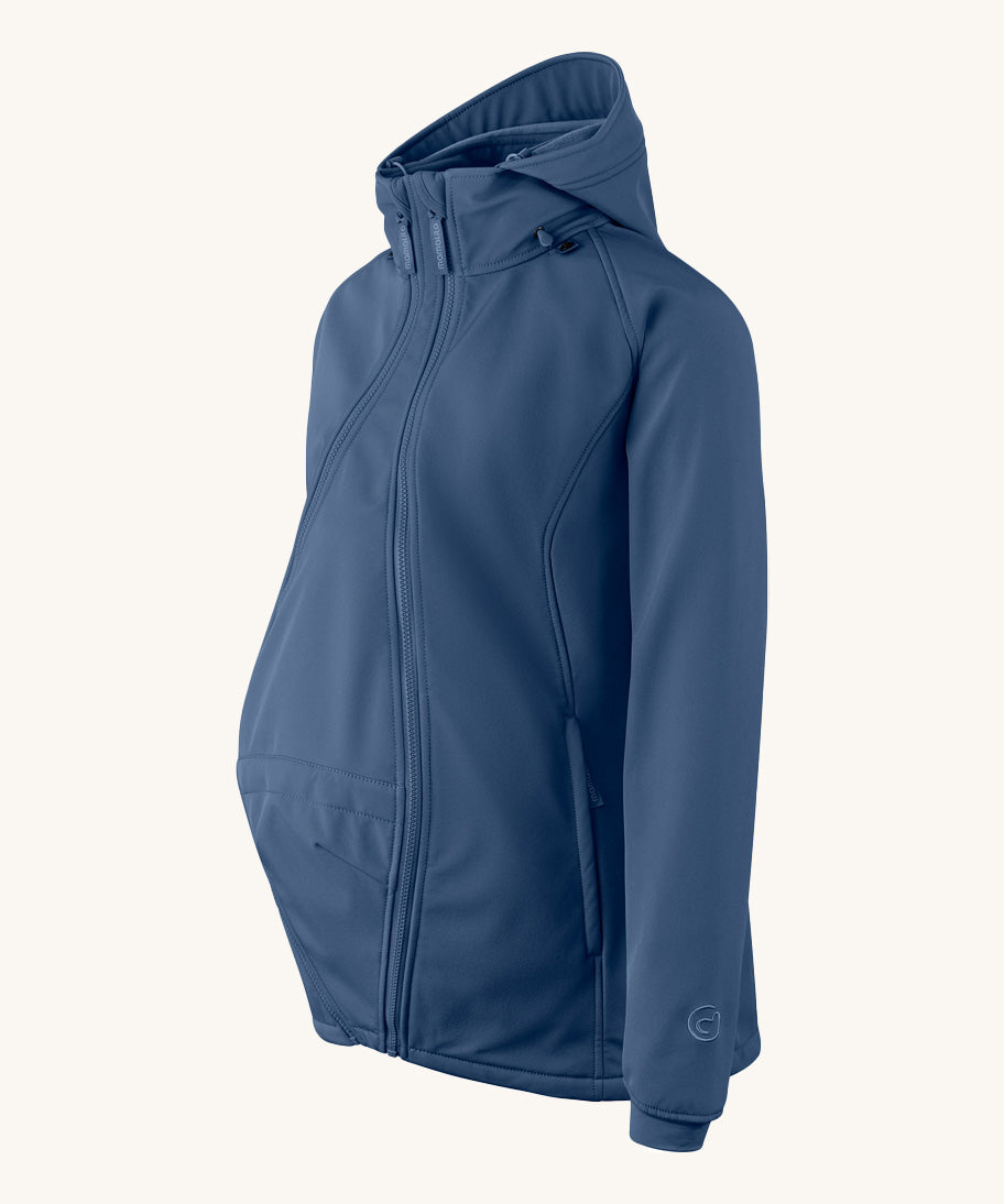 Mamalila soft shell baby wearing allrounder fitted jacket in navy available at Babipur showing an insert attached to the front of the jacket
